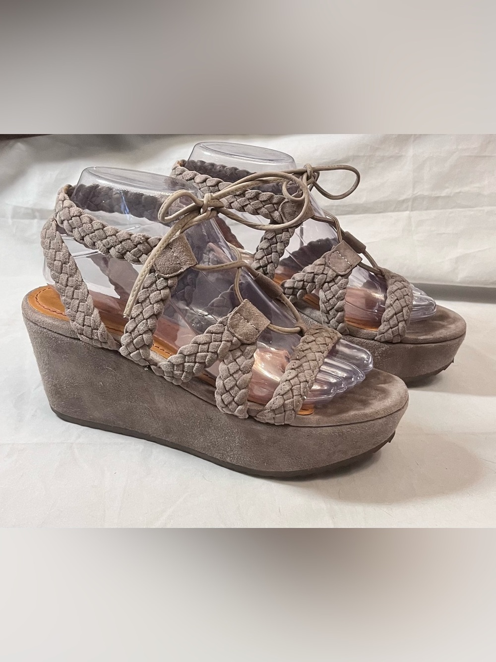 Trask Patrice Braided Suede Taupe Wedges